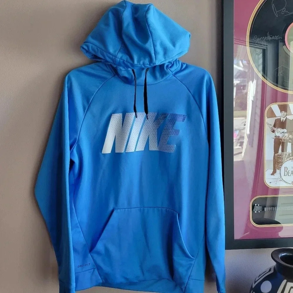 Men's NIKE DRI - FIT Light Blue Hoddie Big Logo Sweatshirt Medium